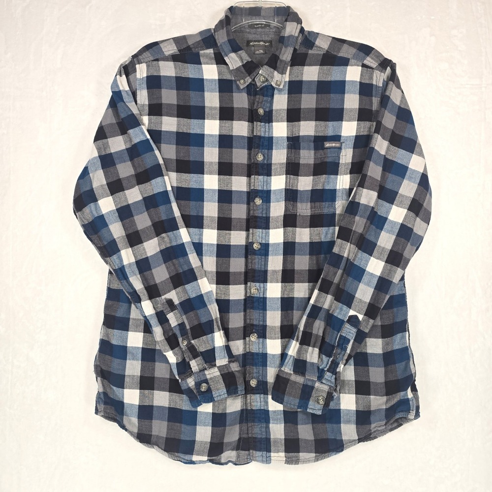 Eddie Bauer Mens XLT Blue Grey Plaid Cotton Shirt Gorpcore Outdoor Tall